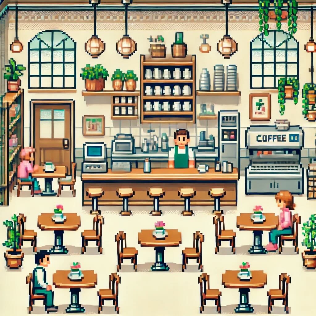 Pixelated cafe interior